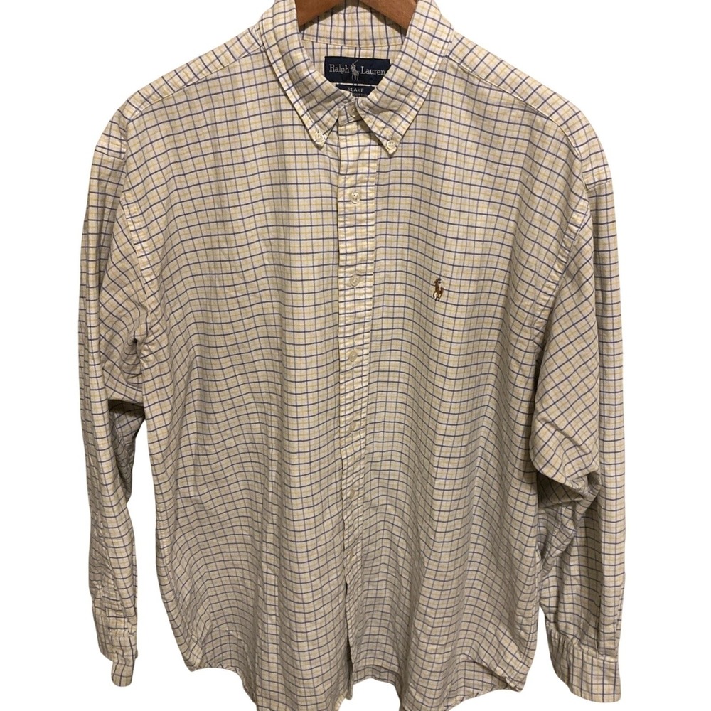Polo Ralph Lauren Blake Shirt Mens XL Yellow Blue Plaid Tattersall Cotton Button